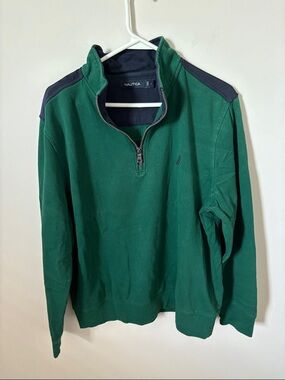 Nautica Green Zip-Front Sweater with Navy Accents